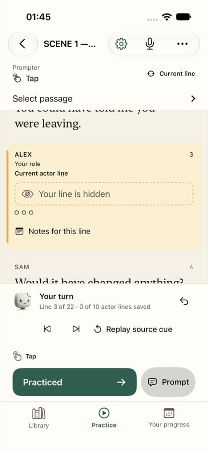 Line Perfect showing your hidden line, with Practiced and Prompt buttons
